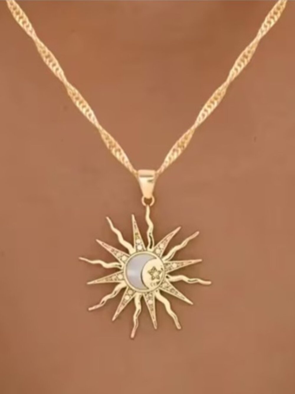DESIGNER Sun & Moon Gold/Clear Zircon Stones Diamond Cut Twisted Chain Necklace